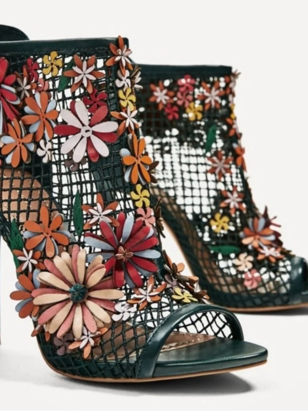 Zara Dark Green Floral Mesh Open-Toe Heels